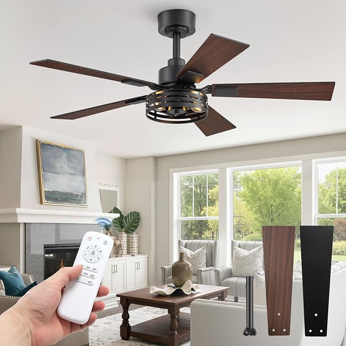 Farmhouse Caged Ceiling Fans with Lights and Remote, 42 Inch Rustic Black Ceiling Fans, 6 Speed Reversible Quiet DC Motor, Noiseless Ceiling Fan Dual Finish 5 Blades for Living Room Bedroom Kitchen