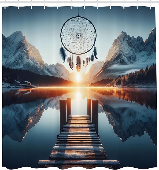 Ambesonne Lake Shower Curtain, Sunset Horizon Snowy Mountains Bohemian Dreamcatcher Peaceful View Wooden Pier, Cloth Fabric Bathroom Decor Set with Hooks, 69" W x 75" L, Slate Blue Orange
