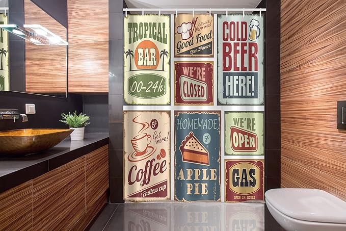 Ambesonne 1950s Stall Shower Curtain, Vintage Style Signs Advertising Beverage Coffee Drink Aged Glass Tropical Nostalgia, Fabric Bathroom Decor Set with Hooks, 54" W x 78" L, Burgundy Ivory