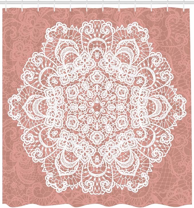 Ambesonne Mandala Shower Curtain, Lace Style Vector Mandala Vintage Abstract Floral Ornamental Design Print, Cloth Fabric Bathroom Decor Set with Hooks, 69" W x 70" L, Dried Rose White