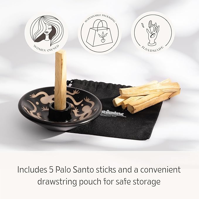 Palo Santo Holder with 5 Sticks - Luna Sundara Handmade Ceramic Incense Burner - Black & White Lizard Chulucanas Pottery from Peru - Smudge Bowl for Sage - Aromatherapy Gift Set