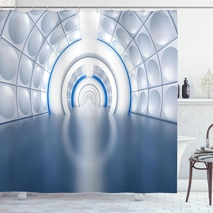 Ambesonne Futuristic Shower Curtain, Futuristic Tunnel Like Spaceship Corridor with Subway Spaceship Artwork, Cloth Fabric Bathroom Decor Set with Hooks, 69" W x 84" L, Cobalt White