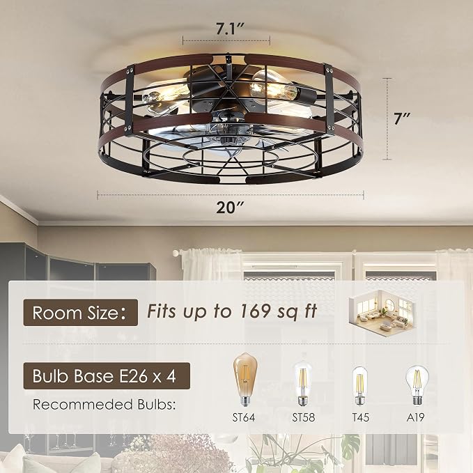 ZYD 20" Caged Ceiling Fan with Light, Farmhouse Cieling Fan with Quiet DC Motor, Rustic Metal Cage with Wood Grain Accent, Ideal for Bedroom, Living Room, Kitchen, Dining Room, Cafés, Restaurants