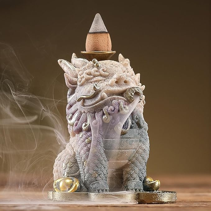 Backflow Incense Burner - Resin Tabletop Incense Holder for Cones, Fortune Dragon Statue Home Decor, Desktop Aromatherapy Ornament with Smoke Waterfall Effect for Living Room