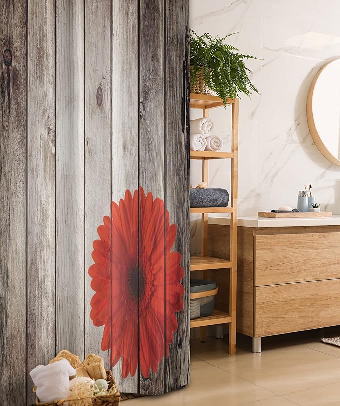 Ambesonne Rustic Stall Shower Curtain, Flower Red Dahlia on Foreground of Murky Featured Dated Wooden Board Retro Art Print, Fabric Bathroom Decor Set with Hooks, 36" W x 72" L, Brown