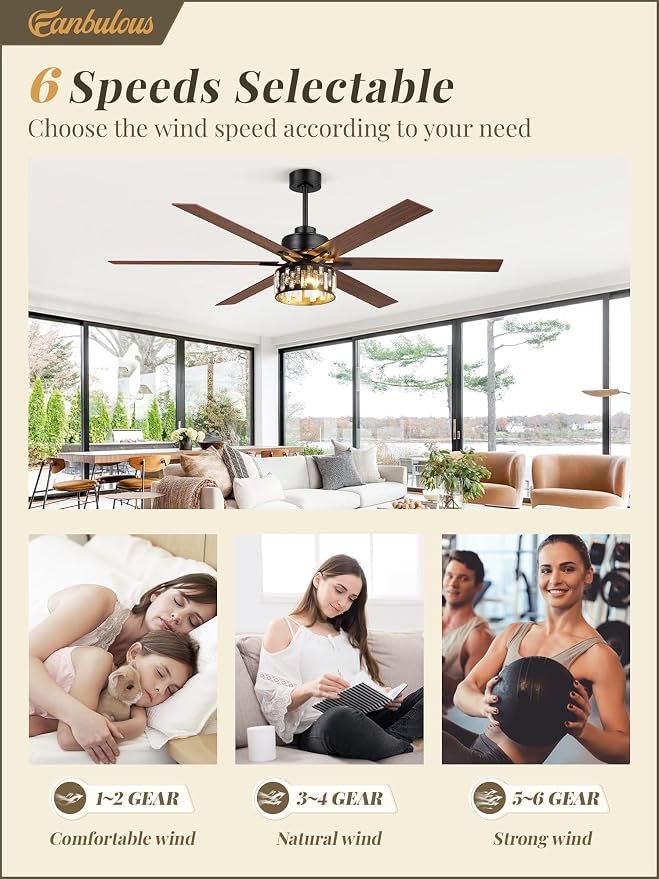 Fanbulous 65 Inch Farmhouse Crystal Ceiling Fan with Lights and Remote, Chandelier Ceiling Fan with Quiet Reversible DC Motor, Wood Blades - Ideal for Bedroom