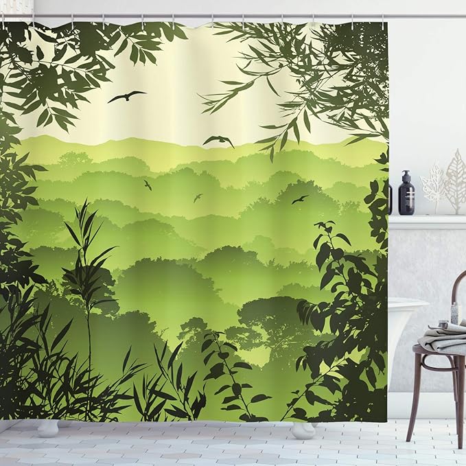 Ambesonne Forest Shower Curtain, Forest Scenery with Tea Trees and Gulls in The Jungle Birds Branches Eco Graphic Work, Cloth Fabric Bathroom Decor Set with Hooks, 69" W x 70" L, Light Green