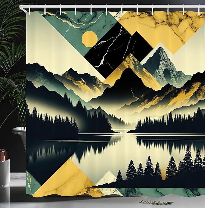 Ambesonne Lake Shower Curtain, Silhouettes of Dark Woods and Mountains with Contemporary Rhombus Ornaments, Cloth Fabric Bathroom Decor Set with Hooks, 69" W x 84" L, Dark Green Teal Khaki