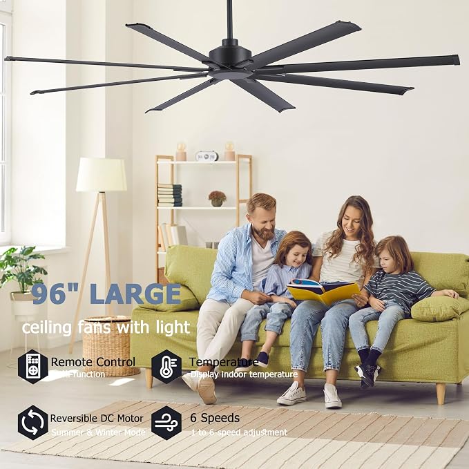 96 Inch Ceiling Fans No Light, Large Industrial Ceiling Fan with 8 Aluminium Blades, Quiet DC Motor, 6 Speeds, Modern Ceiling Fan without Light for Garage/shop/living room,Black