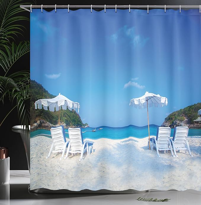 Ambesonne Seaside Shower Curtain, Seaside Hills Sandy Beach with Chairs Umbrellas Facing The Sea Image, Cloth Fabric Bathroom Decor Set with Hooks, 69" W x 84" L, White and Blue