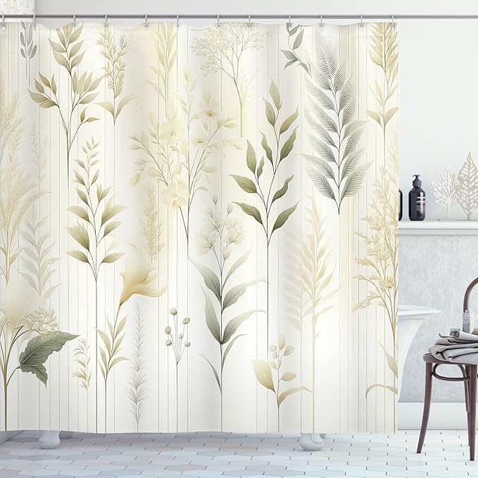Ambesonne Tan Shower Curtain, Botanical Dream of Leaves Greenery with Bohemian Lines Fantasy Jungle Composition, Cloth Fabric Bathroom Decor Set with Hooks, 69" W x 84" L, Pale Khaki Ivory