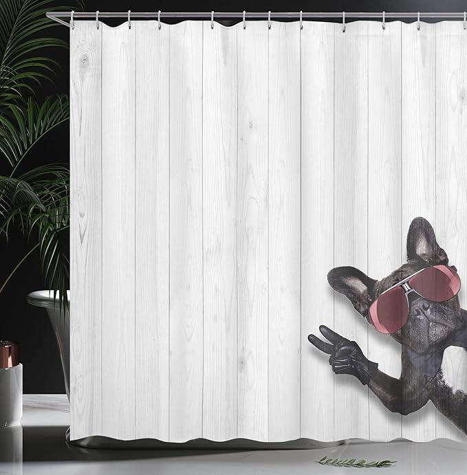 Ambesonne Animal Shower Curtain, Cool Husky Dog with Sunglasses Making Peace Sign with Its Paws Art Print, Cloth Fabric Bathroom Decor Set with Hooks, 69" W x 75" L, Pale Grey Black
