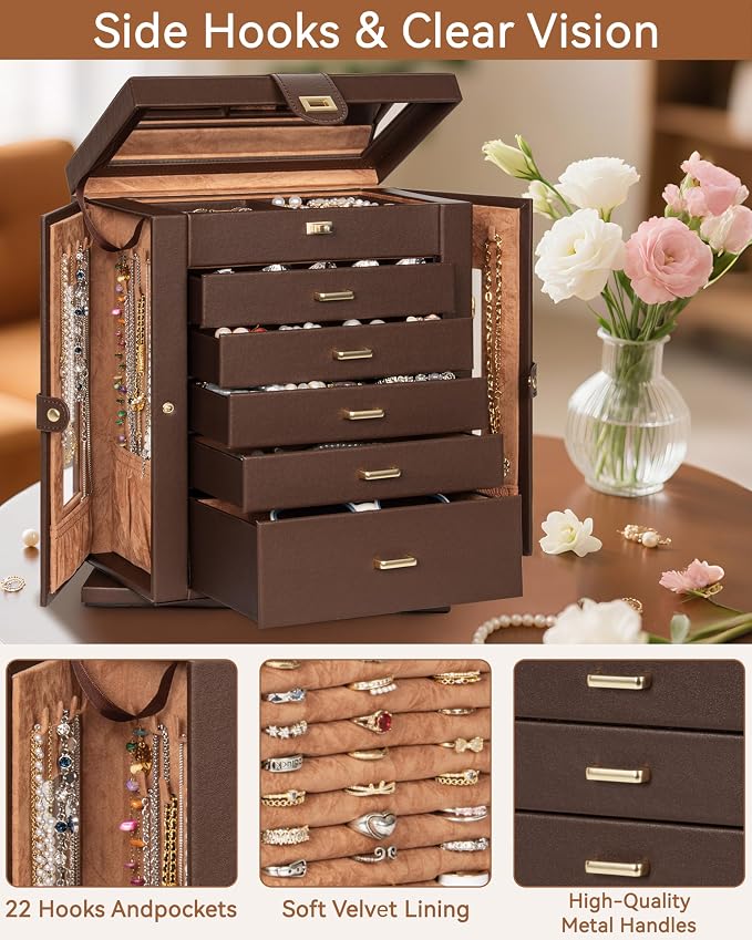 AKOZLIN 6-Tier Jewelry Box Organizer Functional 5 Drawers Leather Jewelry Storage Case for Women Girls Ring Necklace Earring Bracelet Holder Organizer with Mirror XL Brown 360° Rotating