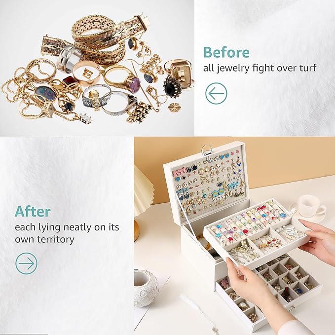 BOOVO Large Jewelry Boxes For Women (White, 5 layer) | 5 Layers Jewelry Organizer Box With Cosmetic Storage Drawer, Necklace Ring Jewelry Organizer Box