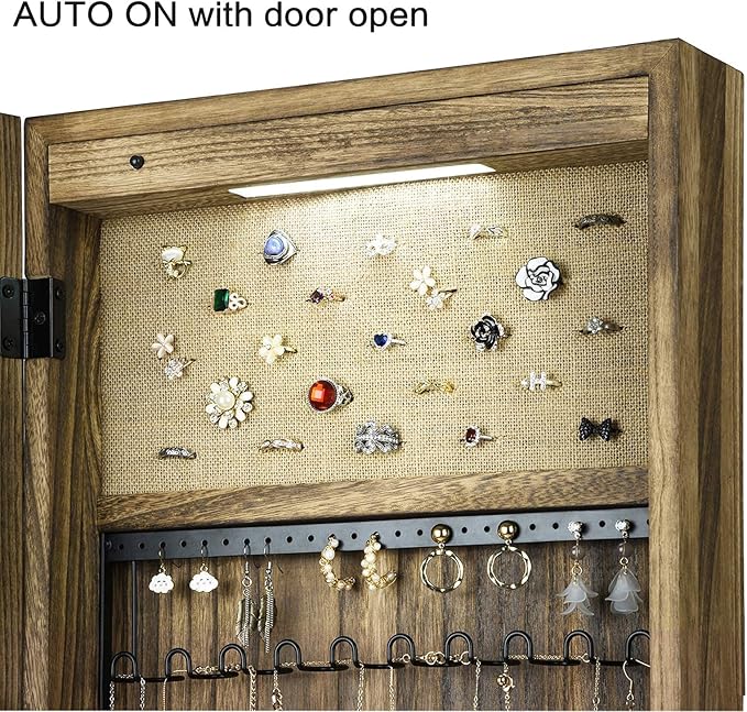 SRIWATANA Jewelry Armoire Cabinet, Solid Wood Standing Jewelry Organizer with Full Length Mirror (Carbonized Black) | Free-Standing Jewelry Armoire; Large Capacity Mirror Organizer with Lockable Door & Sturdy Base