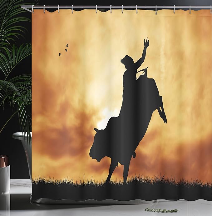 Ambesonne Western Shower Curtain, Bull Rider Silhouette at Sunset Dramatic Sky Rural Countryside Landscape Rodeo, Cloth Fabric Bathroom Decor Set with Hooks, 69" W x 70" L, Amber Black
