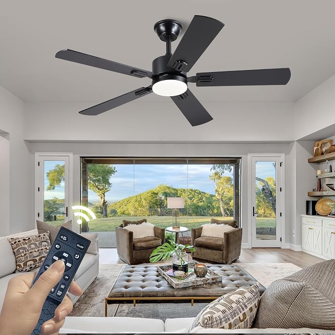 FUMLTP 46 inch Modern Ceiling Fans with Lights APP/Remote Control, Low Profile Reversible 6 Speeds Ceiling Fan Light for Indoor/Outdoor Patio Bedroom Living Room,Black