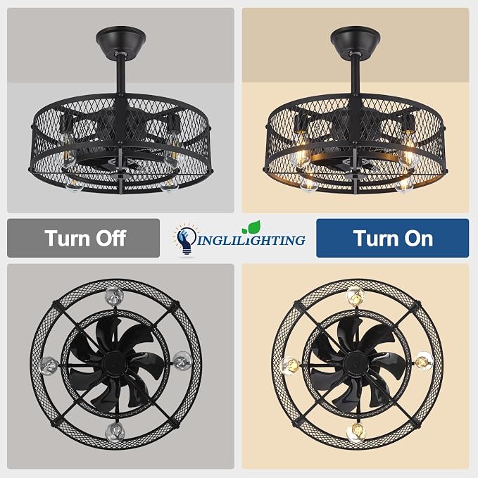 DLLT Caged Ceiling Fan with Light: 20" Farmhouse Fandelier with Lights and Remote Control - Black Rustic Semi Flush Mount Bladeless Ceiling Fans Enclosed Fan for Bedroon Kitchen Living Dining Room