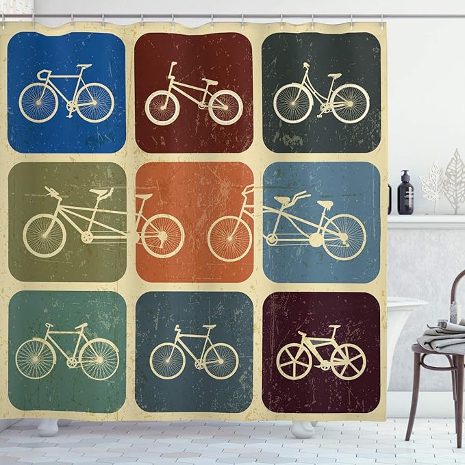 Ambesonne Vintage Shower Curtain, Retro Image Collage of Bicycle Bikes in a Row with Abstract Pattern Colored Art, Cloth Fabric Bathroom Decor Set with Hooks, 69" W x 70" L, Soft Beige