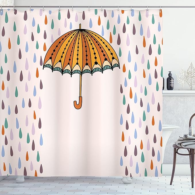 Ambesonne Winter Shower Curtain, Boho Retro Umbrella Surrounded by Gradient Droplets Storm Graphic, Cloth Fabric Bathroom Decor Set with Hooks, 69" W x 75" L, Pale Pink