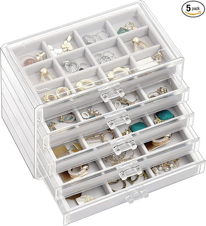 ProCase Earring Holder Organizer Jewelry Box with 5 Drawers, Acrylic Clear Earring Case with Adjustable Velvet Trays for Women - Grey, 5 Layers