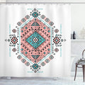 Ambesonne Tribal Shower Curtain, Mexican Symmetrical Design 4 Corner Art Pattern, Cloth Fabric Bathroom Decor Set with Hooks, 69" W x 75" L, Teal and Coral Pink