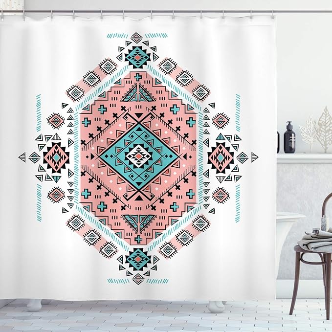 Ambesonne Tribal Shower Curtain, Mexican Symmetrical Design 4 Corner Art Pattern, Cloth Fabric Bathroom Decor Set with Hooks, 69" W x 70" L, Teal and Coral Pink