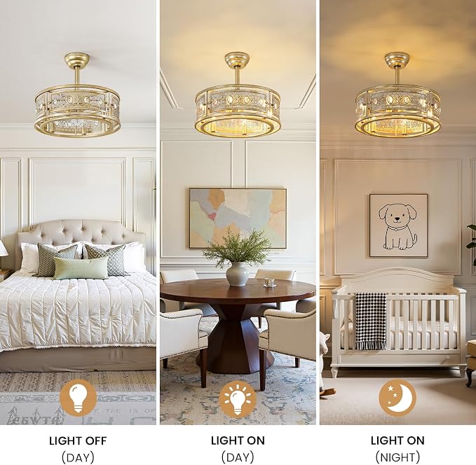 Caged Ceiling Fan with Light and Remote, 19" Vintage Crystal Fandelier, Gold Bladeless Ceiling Fan, Low Profile Ceiling Fan for Bedroom, Farmhouse Chandelier Fan for Living Room