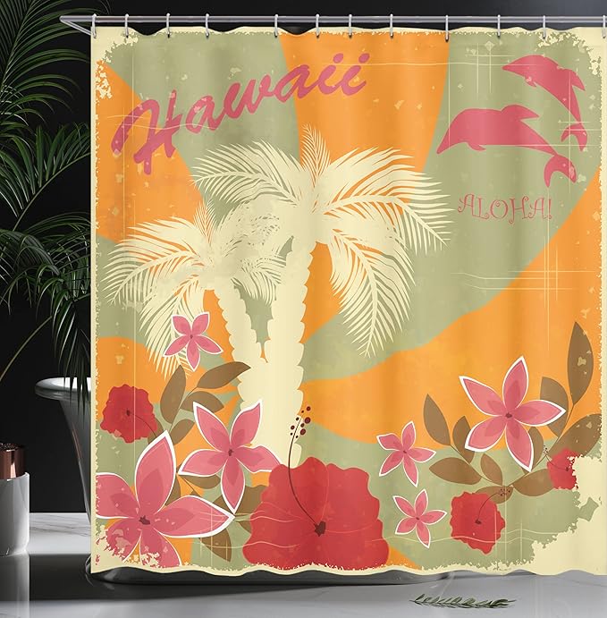 Ambesonne Hawaiian Shower Curtain, Aloha Vintage Print Colorful Swirl Backdrop Dolphins Palm Trees Flowers, Cloth Fabric Bathroom Decor Set with Hooks, 69" W x 70" L, Green Marigold