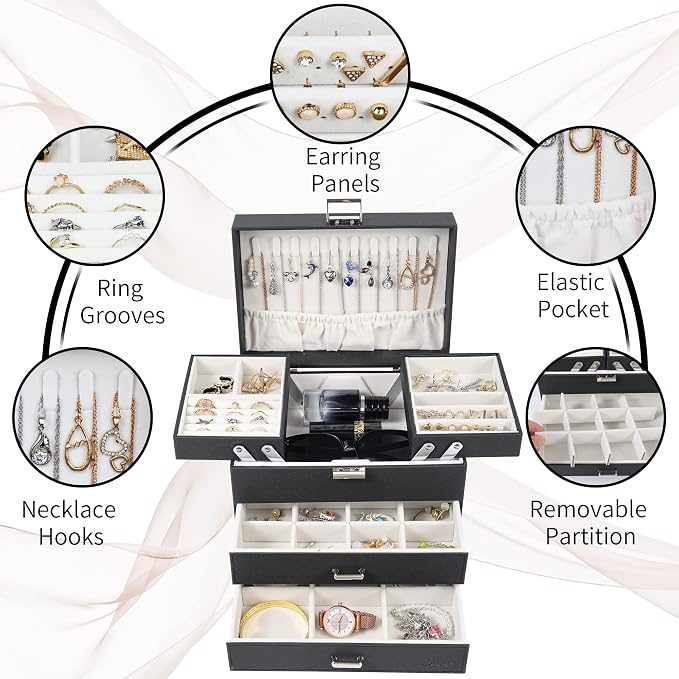 Dajasan Jewelry Organizer Box, Large Jewelry Boxes for Women Girls, Space-Saving 4 Layers Jewelry Storage Case with Drawer, Movable Metal Stand, Modern, Gift Idea (Black + Silver)