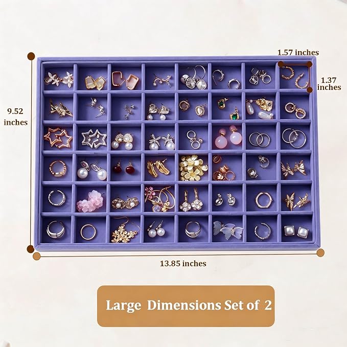 Large Velvet Jewelry Tray 2 Pack Stackable Jewelry Display Drawer Inserts Trays Organizer for Earring Bracelet Necklace Ring (Purple, 48 Grids)