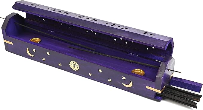 Incense Garden Pack of 2 Incense Stick Holder - Coffin Style - Wood Incense Stick Burner with Sun Moon Star Inlays Handmade with Brass Inlays (Purple)