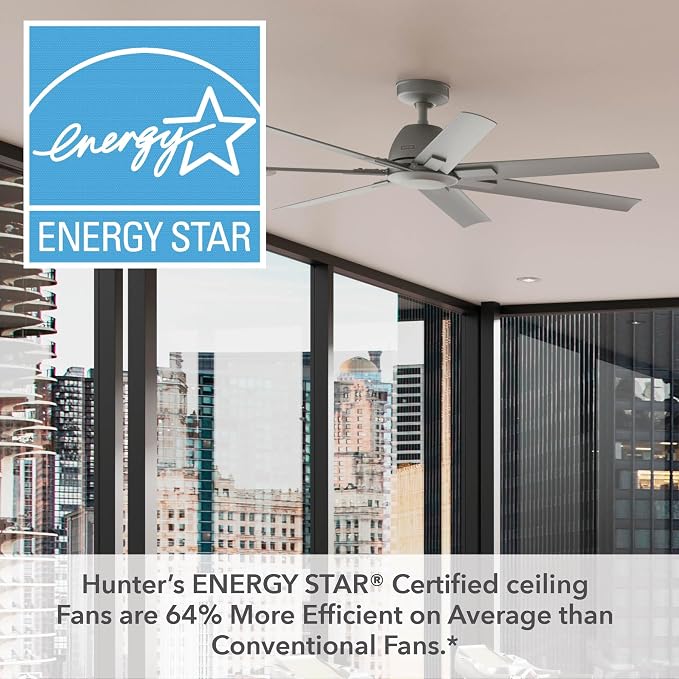 Hunter Downtown, Outdoor or Indoor, Ceiling Fan, 60 inch, Matte Silver | No Light, Standard Mount, Wall Control, Quiet, 7 Blades, For Patio, Porch, Garage, 51589