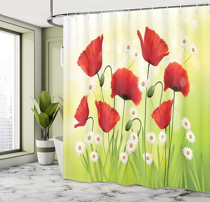 Ambesonne Poppy Flower Shower Curtain, Spring Environment with Poppies and Daisies on Grass Flourishing Nature, Cloth Fabric Bathroom Decor Set with Hooks, 69" W x 70" L, Red Green