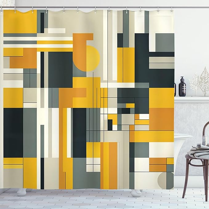 Ambesonne Yellow Shower Curtain, Abstract Modern Symmetric Vertical Lines and Geometric Shapes Paint Print, Cloth Fabric Bathroom Decor Set with Hooks, 69" W x 75" L, Orange Beige Dimgray