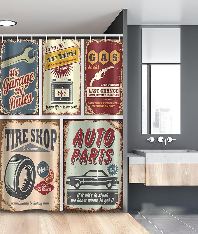 Ambesonne 1950s Stall Shower Curtain, Vintage Car Signs Automobile Advertising Repair Vehicle Garage Classics Servicing, Fabric Bathroom Decor Set with Hooks, 54" W x 78" L, Burgundy