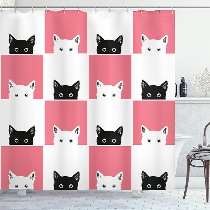 Ambesonne Cats Shower Curtain, Chess Board Design with Kittens Feline Kitty Animals Pets Retro Mosaic, Cloth Fabric Bathroom Decor Set with Hooks, 69" W x 70" L, White Black Pink