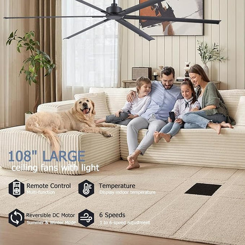 108 Inch Ceiling Fans No Light, Large Industrial Ceiling Fan with 6 Aluminium Blades, Quiet DC Motor, 6 Speeds, Modern Ceiling Fan without Light for Garage/shop/living room,Black