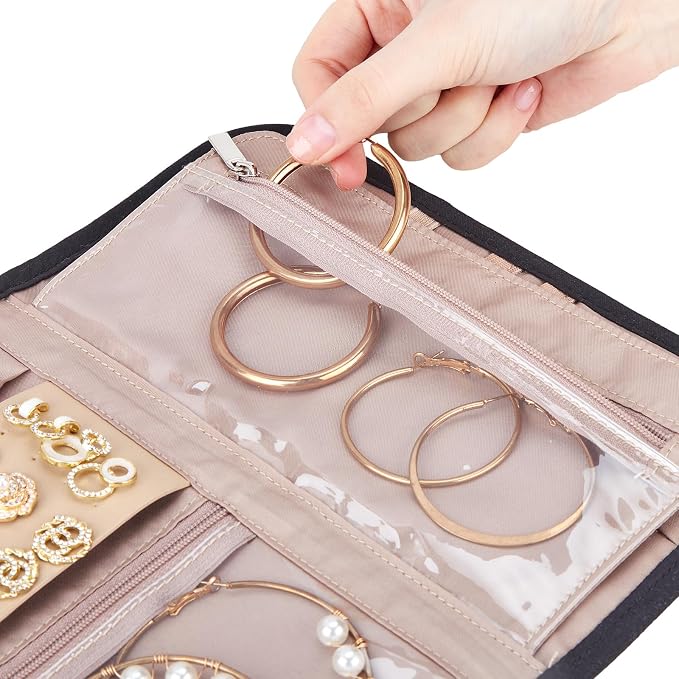 BELALIFE Travel Jewelry Case, Jewelry Organizer Roll for Accessories | Bag with foldable roll design for earrings, necklaces, rings, bracelets and brooches,Black