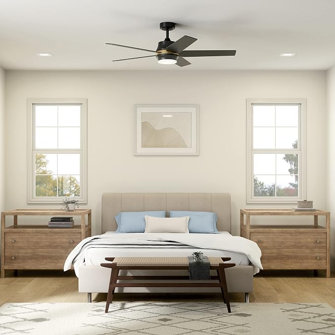 Kichler Maeve 52 in LED Ceiling Fan with Light, Modern Indoor Fan with Satin Etched Cased Opal Glass in Satin Black, Natural Brass Accent Ring, Wall Control, for Bedroom Living Room, 300059SBK