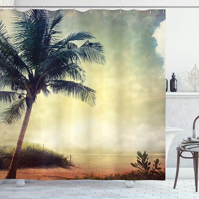 Ambesonne Hawaiian Shower Curtain, Natural Beach Sunset with Palm Silhouettes Shrubs Sea Clouds and Sand Landscape, Cloth Fabric Bathroom Decor Set with Hooks, 69" W x 84" L, Brown Teal