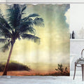 Ambesonne Hawaiian Shower Curtain, Natural Beach Sunset with Palm Silhouettes Shrubs Sea Clouds and Sand Landscape, Cloth Fabric Bathroom Decor Set with Hooks, 69" W x 84" L, Brown Teal