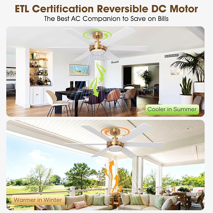 54" Gold Ceiling Fan with Lights and Remote, Modern White & Gold Ceiling Fan, Quiet DC Motor, 6-Speed Reversible Fan, Dimmable LED, Luxury Ceiling Fan for Bedroom Living Room Dining Room