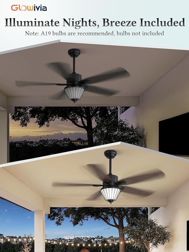 52 Inch Outdoor Ceiling Fans with Lights for Patios, IP65 Waterproof, Remote Control, 6-Speeds, Reversible DC Motor, 5 Dual Finish Blades, Wet-rated Ceiling Fan for Patio Gazebo Porch Pavilion (Black)
