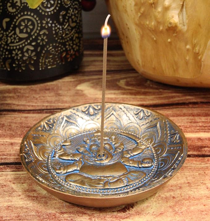 Ebros Gift Hindu Elephant Head Supreme God Lord Ganesha Ganapati Incense Stick Holder Burner Round Dish Medallion Figurine 5" Diameter Zen Vastu Home Fragrance Tabletop Altar Decor