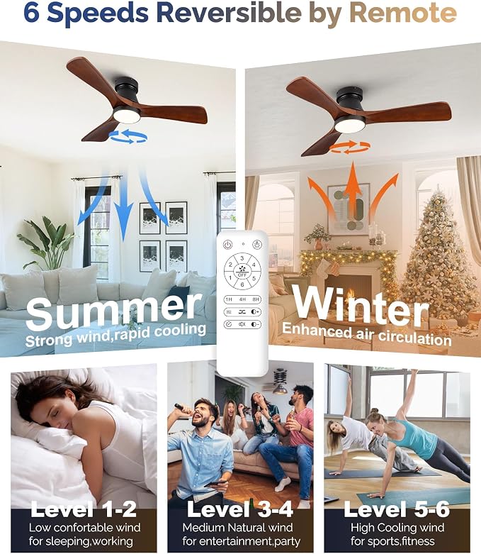 42-Inch Ceiling Fan with Lights, Remote Control, Flush Mount, Dimmable, Reversible, Wood Blades, Power-Off Memory, Quiet DC Motor – Modern Hugger Ceiling Fan for Living Room, Bedroom, Patio