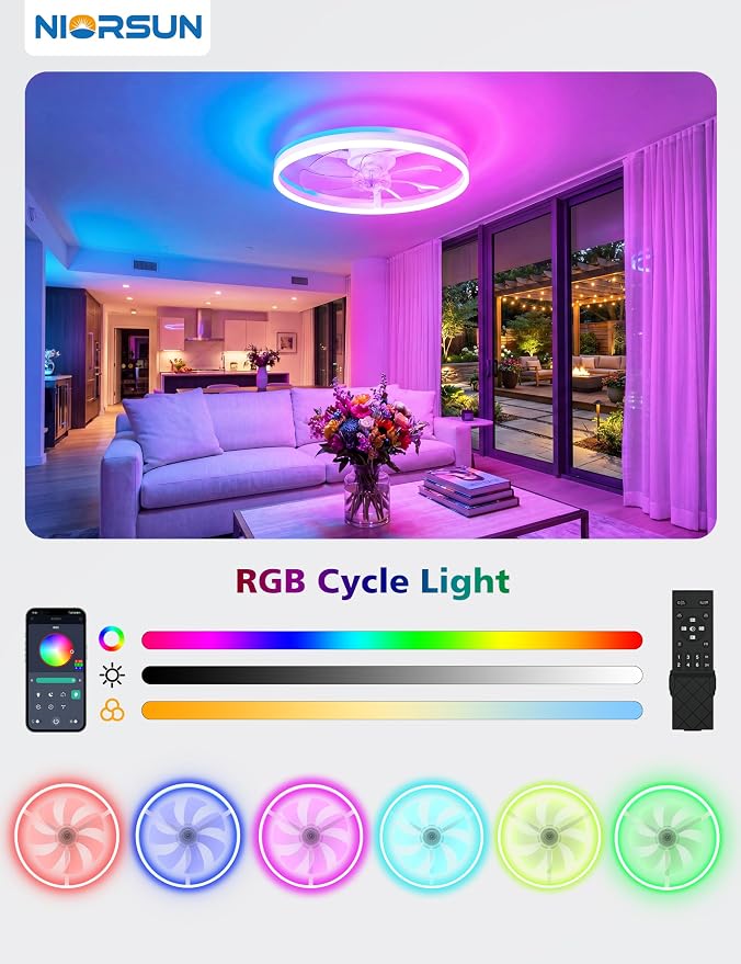 NIORSUN RGB Ceiling Fans with Lights and Remote, Modern Smart LED Ceiling Fans Light, 6 Speeds & 3000K-6500K Dimmable, Quiet Bladeless Fandelier Ceiling Fan with Light for Bedroom (24Inch,White)