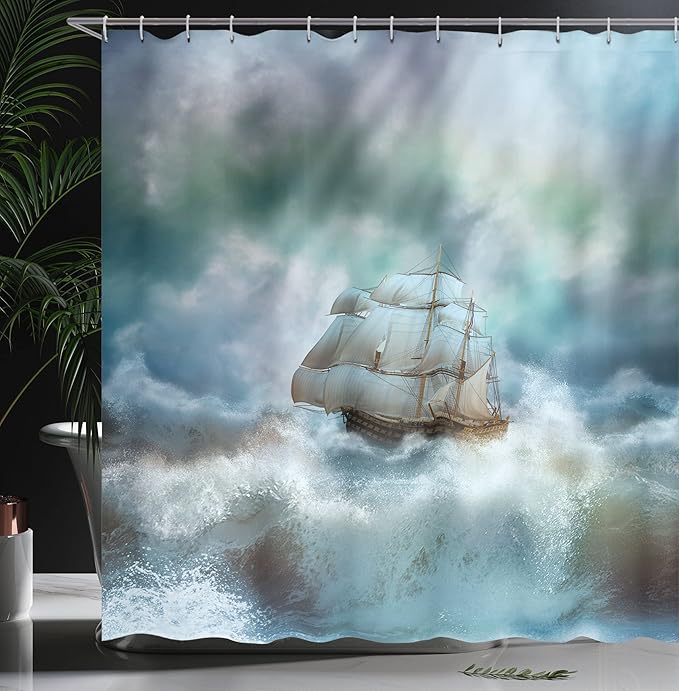 Ambesonne Ocean Shower Curtain, Majestic Nautical Sealife and Pirate Boat Ship on a Wavy Deep Sea Art Print, Cloth Fabric Bathroom Decor Set with Hooks, 69" W x 75" L, Blue Grey and White