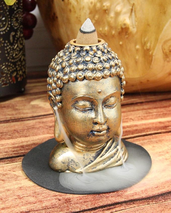 Ebros Eastern Enlightenment Shakyamuni Buddha Gautama Head with Ushnisha Backflow Incense Cone Burner Holder Statue 3.5" H in Bronze Finish Buddhism Bodhisattva Feng Shui Zen Figurine