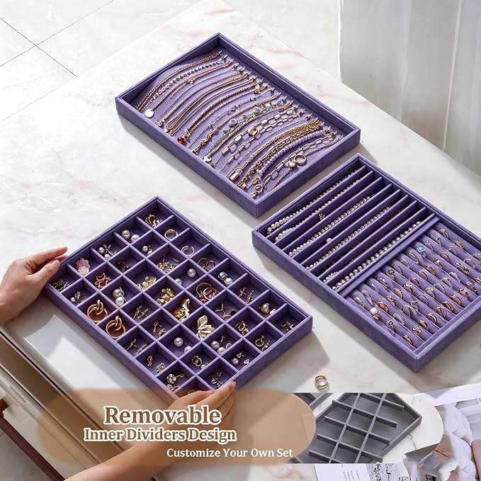 Large Velvet Jewelry Tray 2 Pack Stackable Jewelry Display Drawer Inserts Trays Organizer for Earring Bracelet Necklace Ring (Purple, 40 Grids)